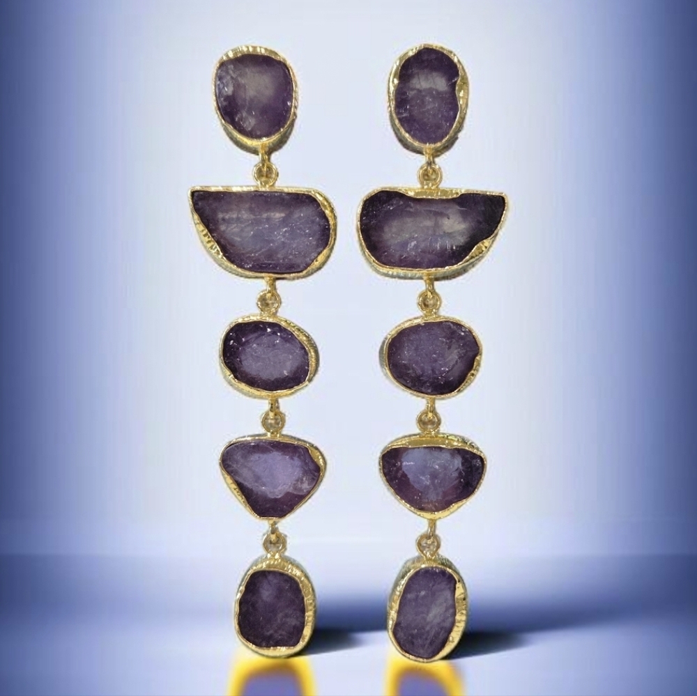 22k Gold Plated Genuine Raw Amethyst Crystal Long Dangle Earrings - Picture 6 of 6